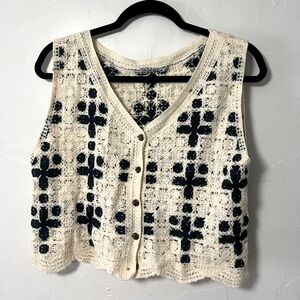 Navy and cream crochet knit vest